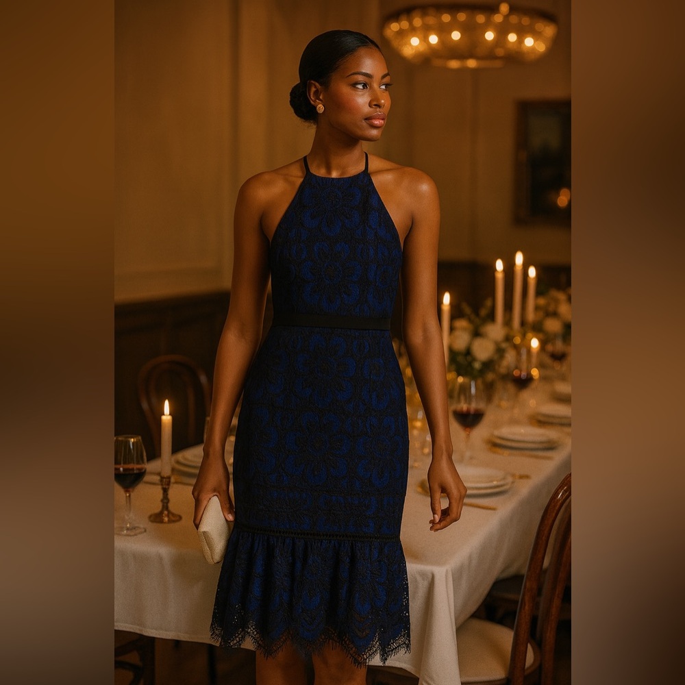 Banana Republic Lace Sheath Dress Petite 00P Navy Black Floral Cocktail Holiday